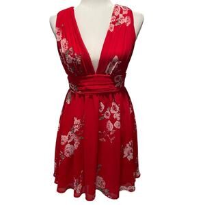Lulus Milana Red Floral Mini Dress Sz S Ruched Plunge Neckline Flirty Party